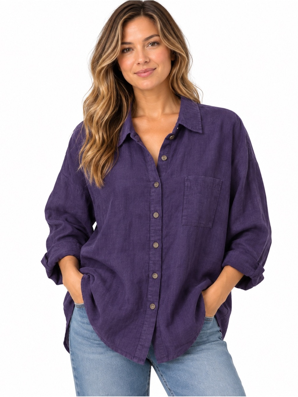 FLAX Shirt Womens Large Purple 100% Linen Button Front Lagenlook Oversized Tunic